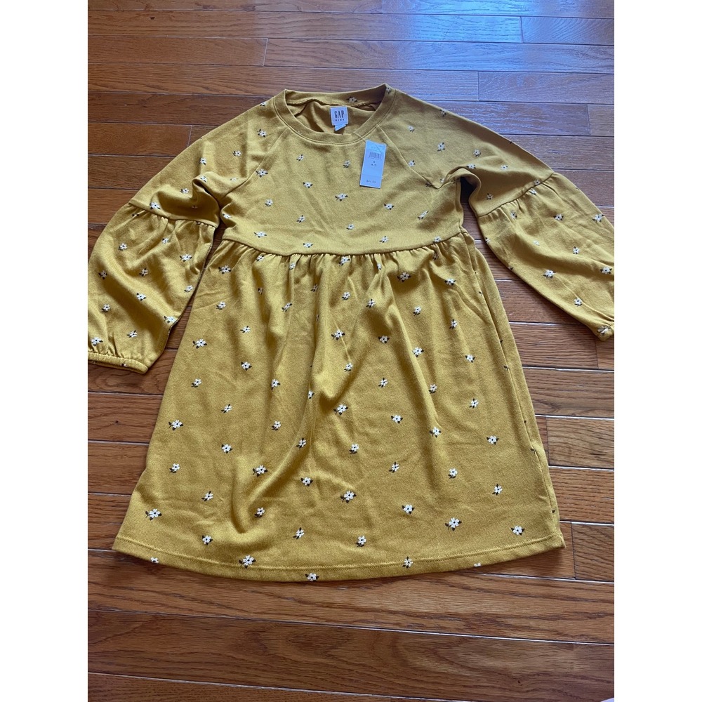 GAP Dress‎ Kids Girls Sz S 6-7 Mustard AOP Floral Print Flare Stretch Casual NWT